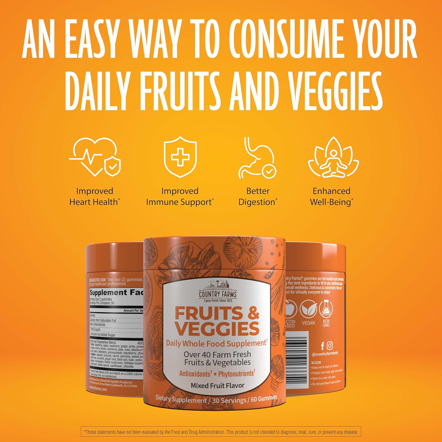 COUNTRY FARMS Fruits and Veggies Gummies – Gominolas de Frutas y Verduras con más de 40 Superalimentos