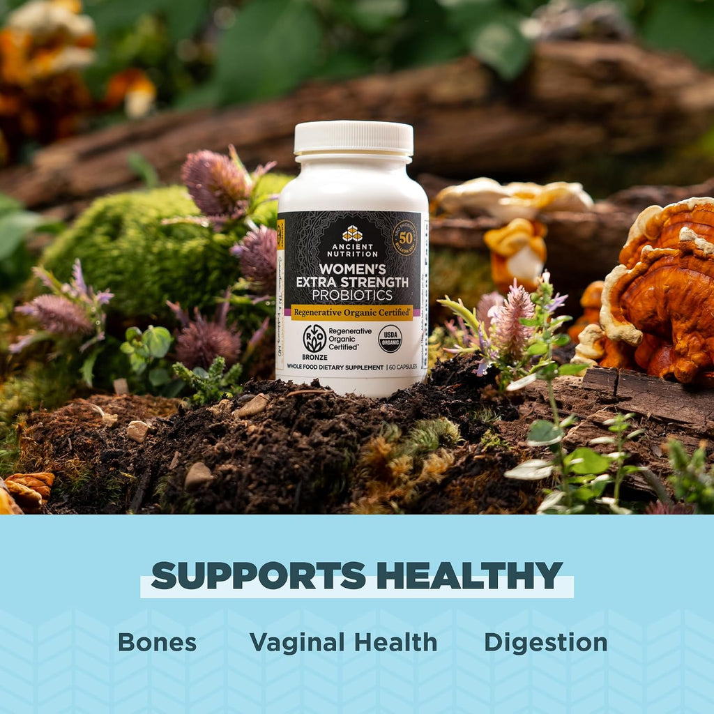 Ancient Nutrition Probióticos para Mujeres Extra Strength, Certificado Orgánico Regenerativo, 25 Mil Millones de UFC por Dosis, 60 Cápsulas