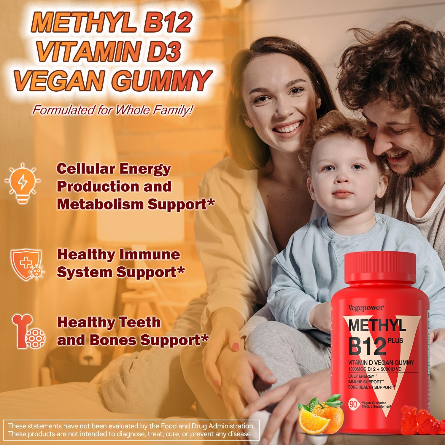 VEGEPOWER Gominolas Veganas de Vitamina D3 y B12, Metilcobalamina, para Adultos y Niños, Sabor Naranja, 90 Gominolas