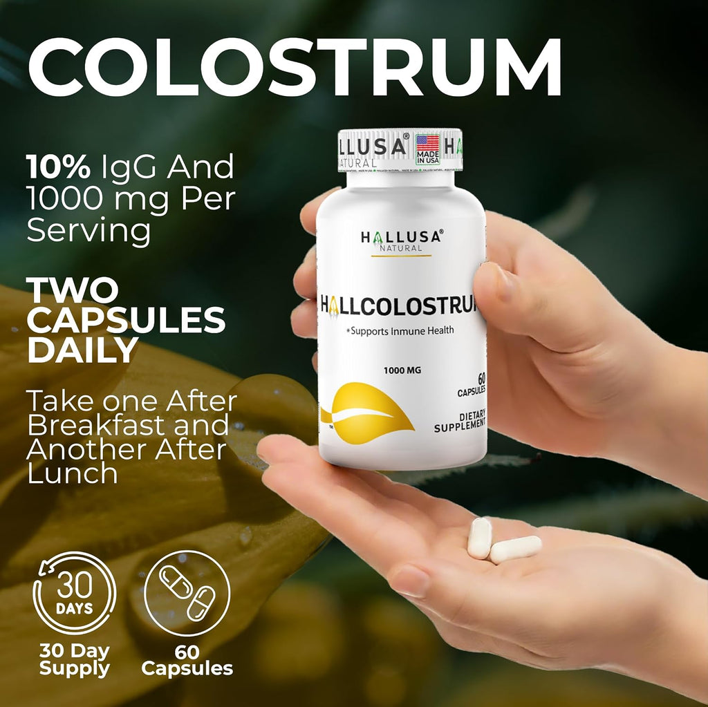 Hallusa Natural Cápsulas de Colostro 1000 mg | Apoyo Inmunológico, Salud Digestiva, Recuperación Muscular, Piel y Cabello, Energía | 60 Cápsulas