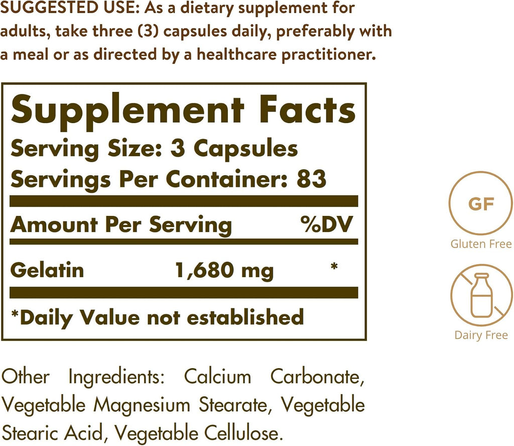 Solgar Gelatina 1680 mg, 250 Cápsulas - Apoyo Natural para Huesos, Articulaciones y Piel