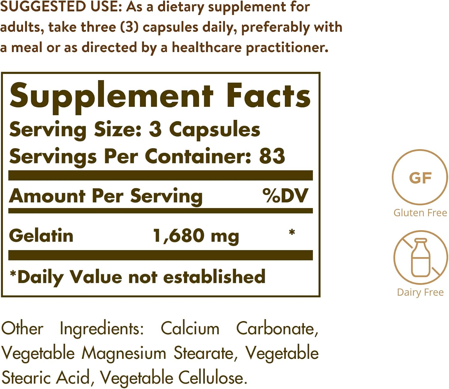 Solgar Gelatina 1680 mg, 250 Cápsulas - Apoyo Natural para Huesos, Articulaciones y Piel