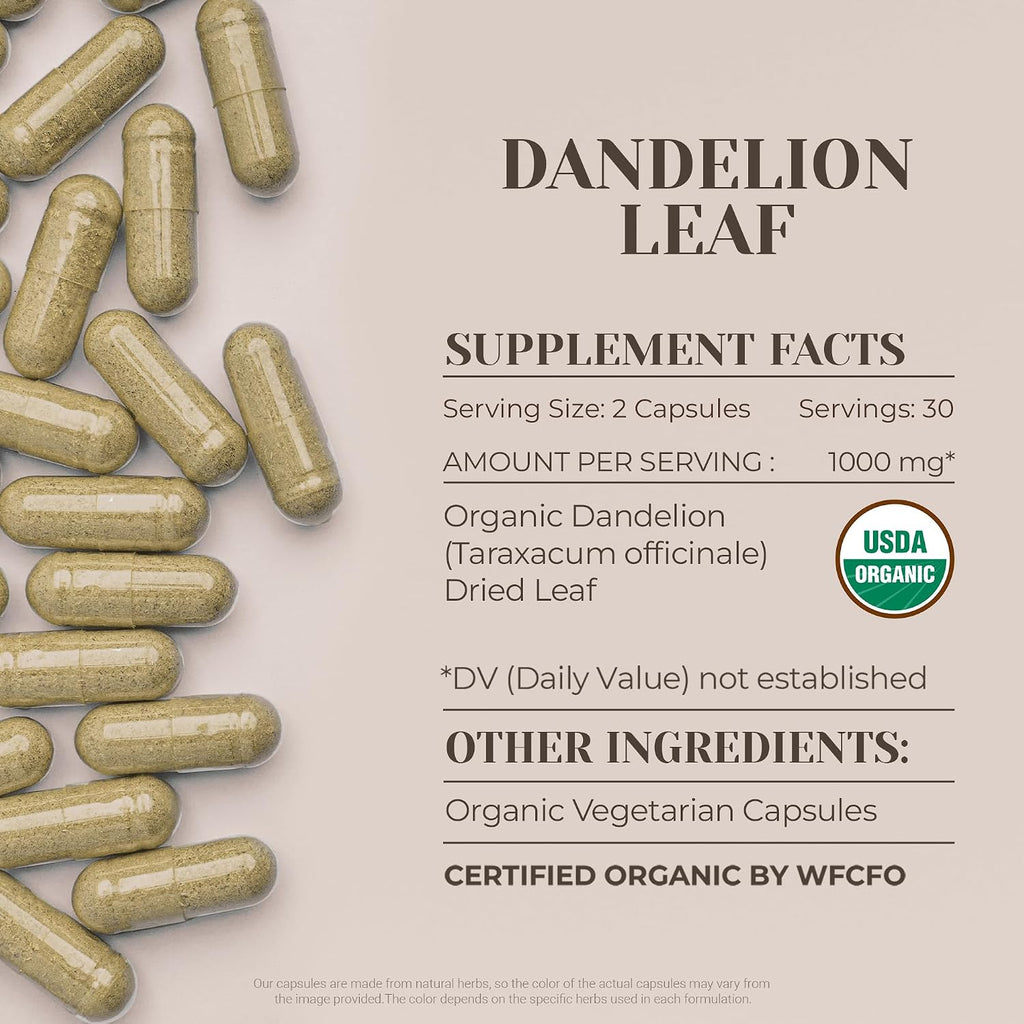 Diente de León Orgánico USDA - 60 Cápsulas Vegetarianas - Suplemento Digestivo de Alta Potencia