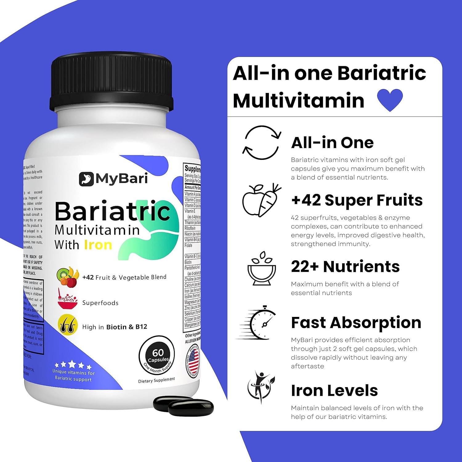 MyBari Multivitamínico Bariátrico Completo con Hierro - 60 Cápsulas Líquidas