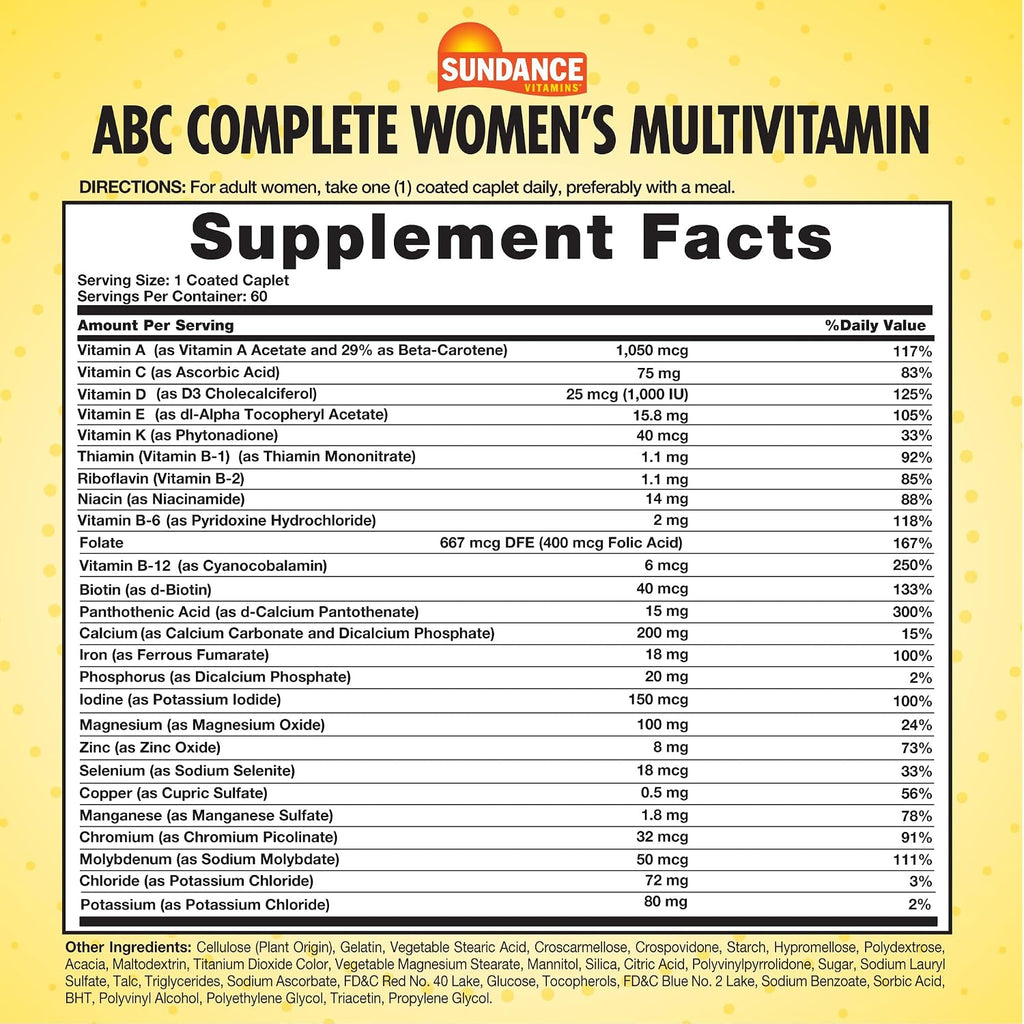 Sundance Vitamins Women’s ABC Complete Multivitamin & Mineral Formula, 60 Coated Caplets