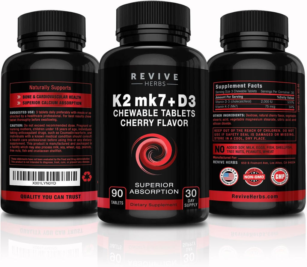 Revive Herbs Vitamina K2 D3 - Comprimidos Masticables Sabor Cereza (90 uds)