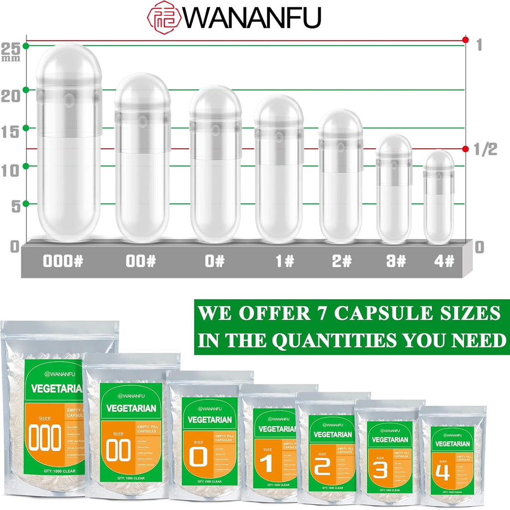 wananfu Cápsulas Vegetarianas Vacías Tamaño 2 (1000 uds) con 2 Micro Cucharas de Laboratorio