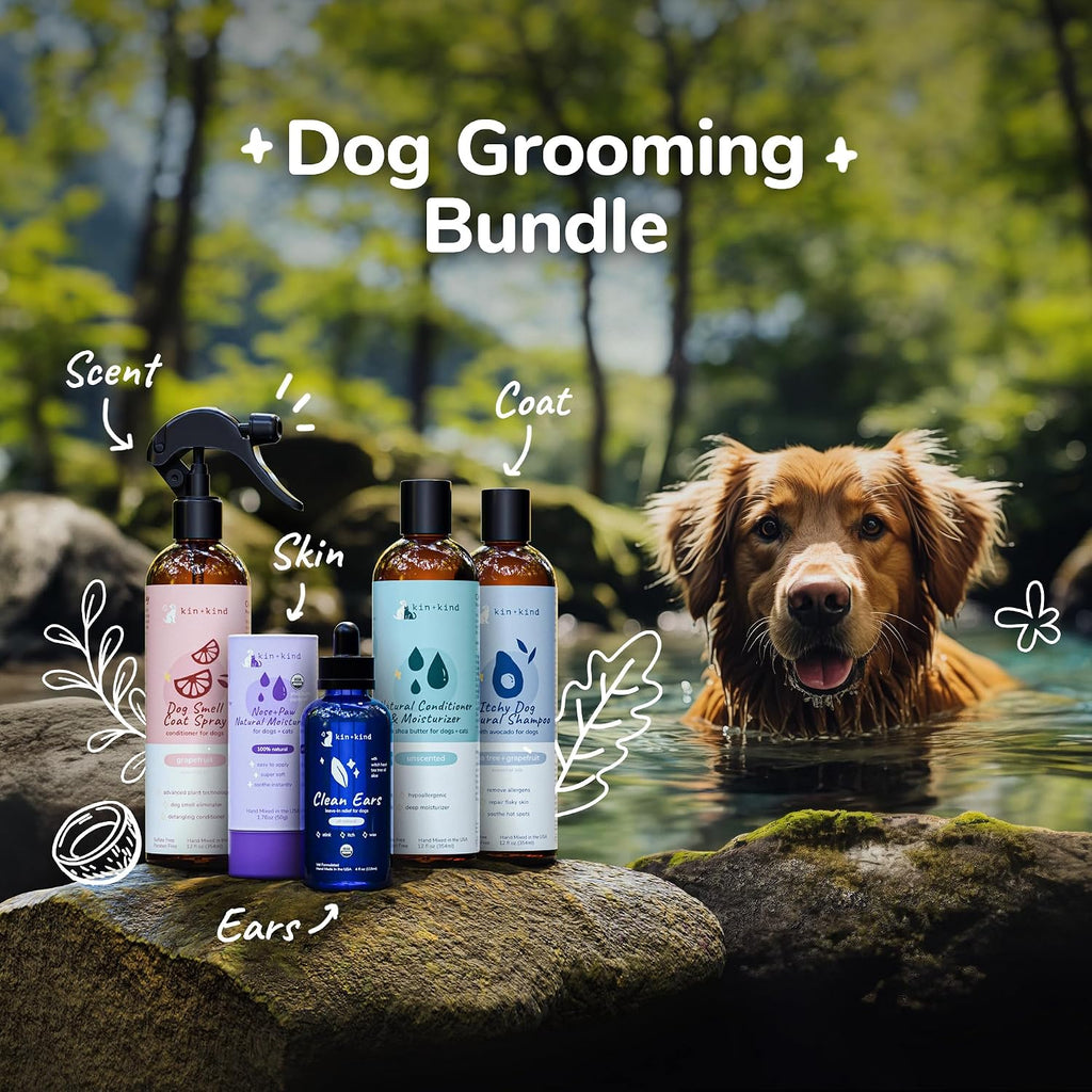 kin+kind Kit de Aseo para Perros y Gatos – Spray, Bálsamo para Patas y Nariz, Champú y Acondicionador – Cuidado Natural para Limpiar, Calmar y Nutrir el Pelaje, las Patas y los Oídos de tu Mascota
