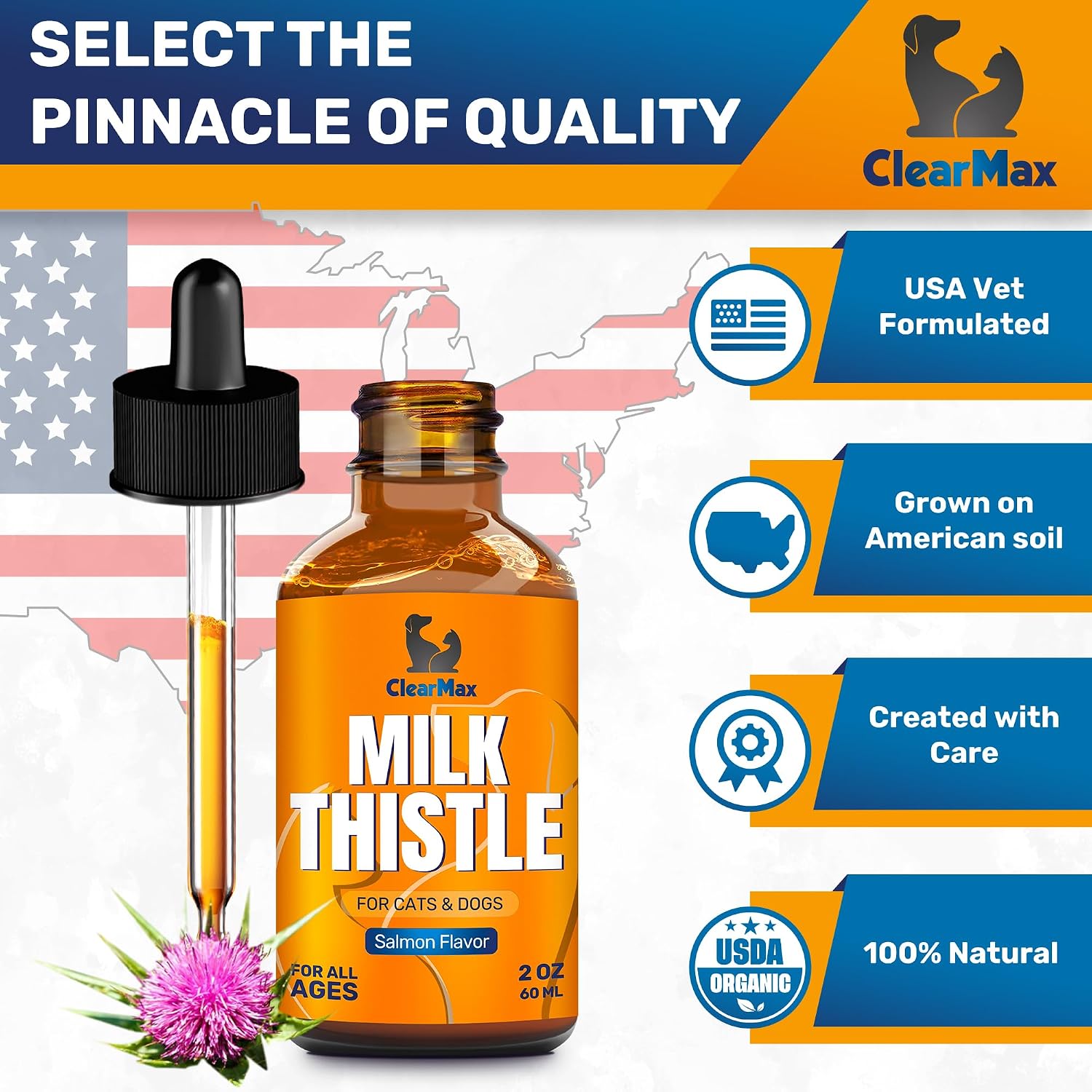 Milk Thistle for Dogs – Liver & Kidney Support for Large & Small Pets – Milk Thistle for Cats to Care for Digestion – Specialist-Approved Liquid Formula with Salmon Flavor – GMO Free – 2 Oz Bottle