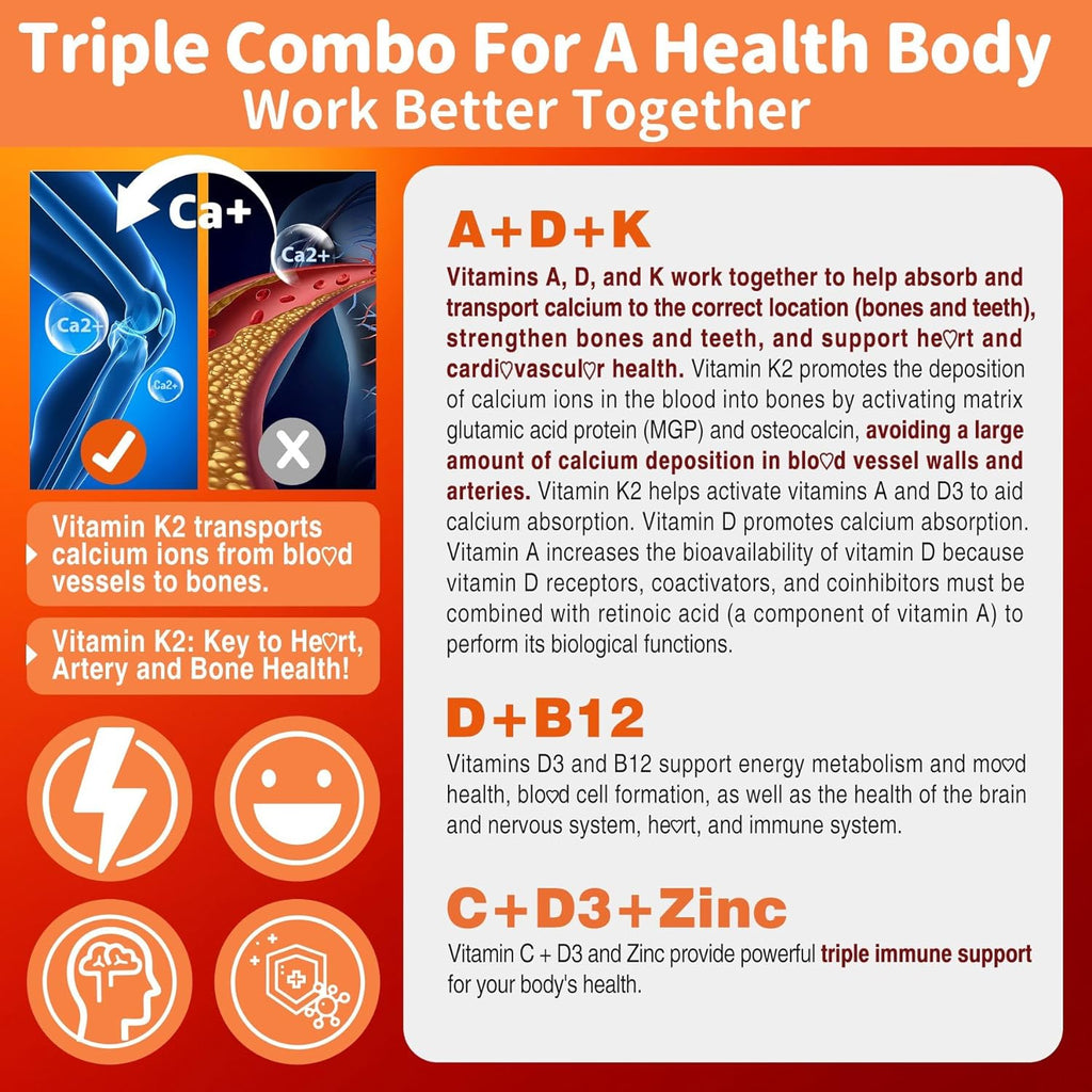 Gominolas ADK+Vitamina B12 Sin Azúcar - Vitamina D3 10000 UI, K2 MK-7 240 mcg, B12 5000 mcg, Multivitamínico Vegano para Adultos