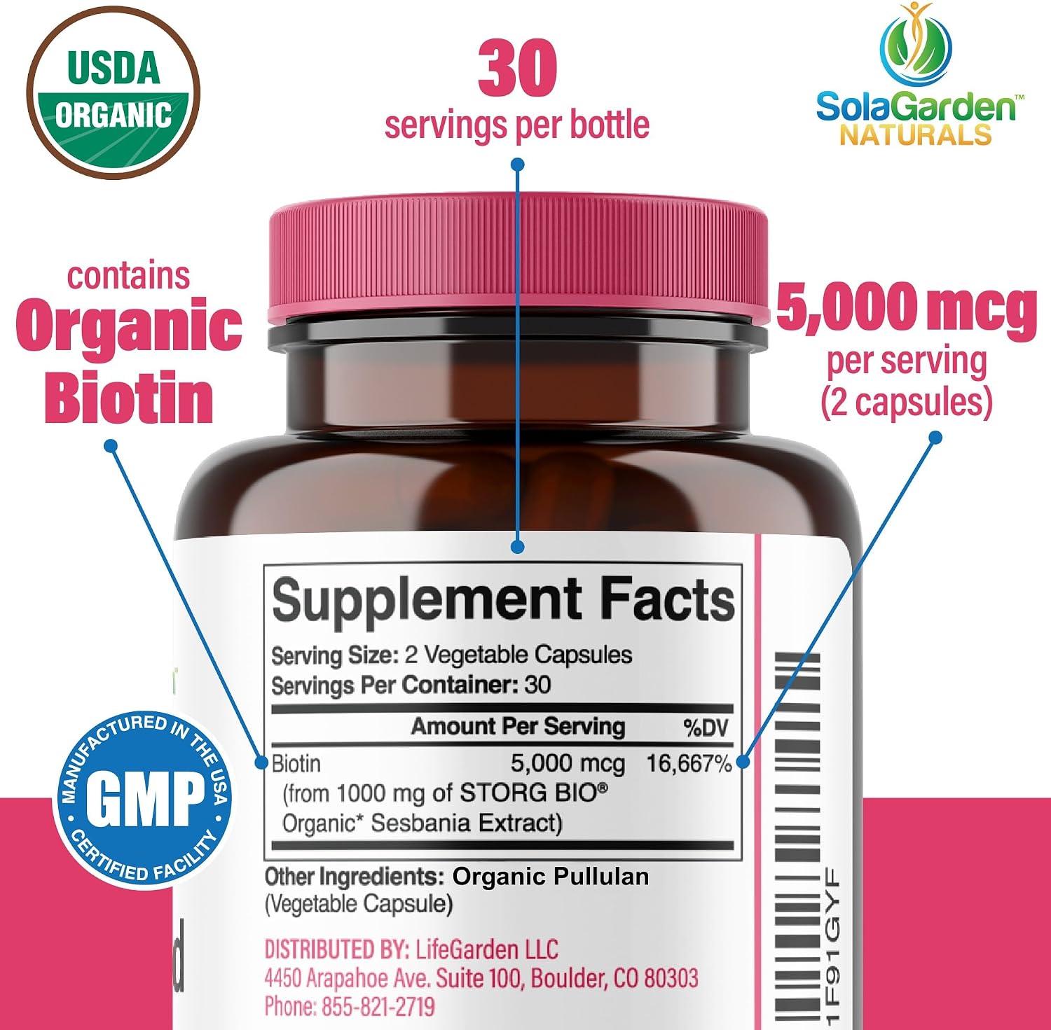 Biotina Orgánica Vegetal 5000 mcg - 60 Cápsulas - SolaGarden Naturals
