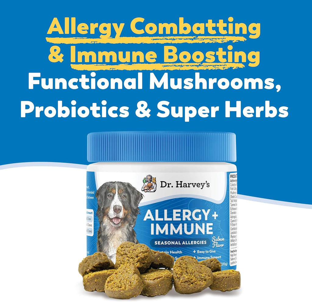 Dr. Harvey's Masticables Suaves para Perros contra Alergias y Picor - Apoyo Inmune y Digestivo con Hongos Funcionales, Probióticos y Super Hierbas, Sabor a Salmón (90 unidades)