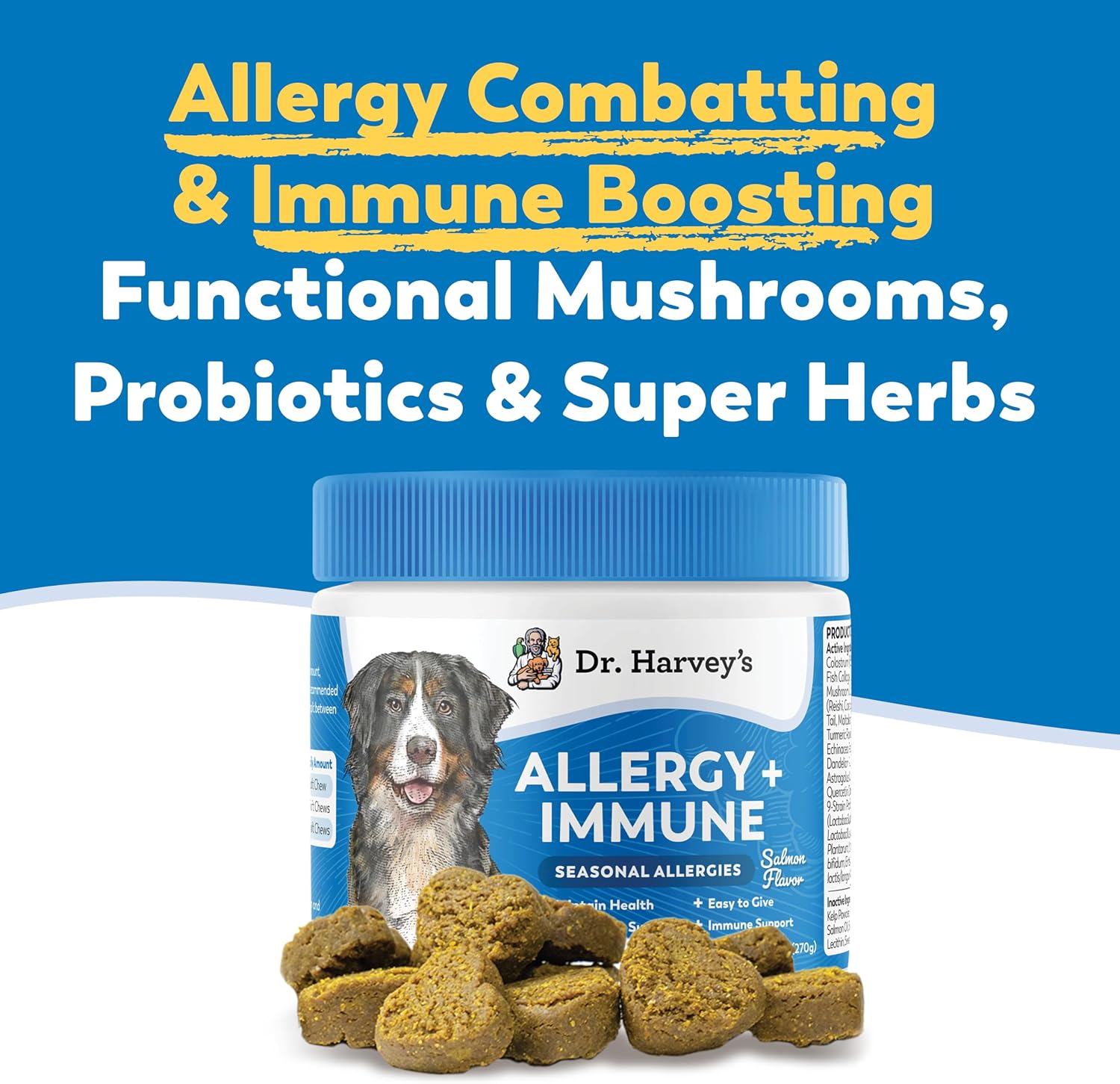 Dr. Harvey's Masticables Suaves para Perros contra Alergias y Picor - Apoyo Inmune y Digestivo con Hongos Funcionales, Probióticos y Super Hierbas, Sabor a Salmón (90 unidades)