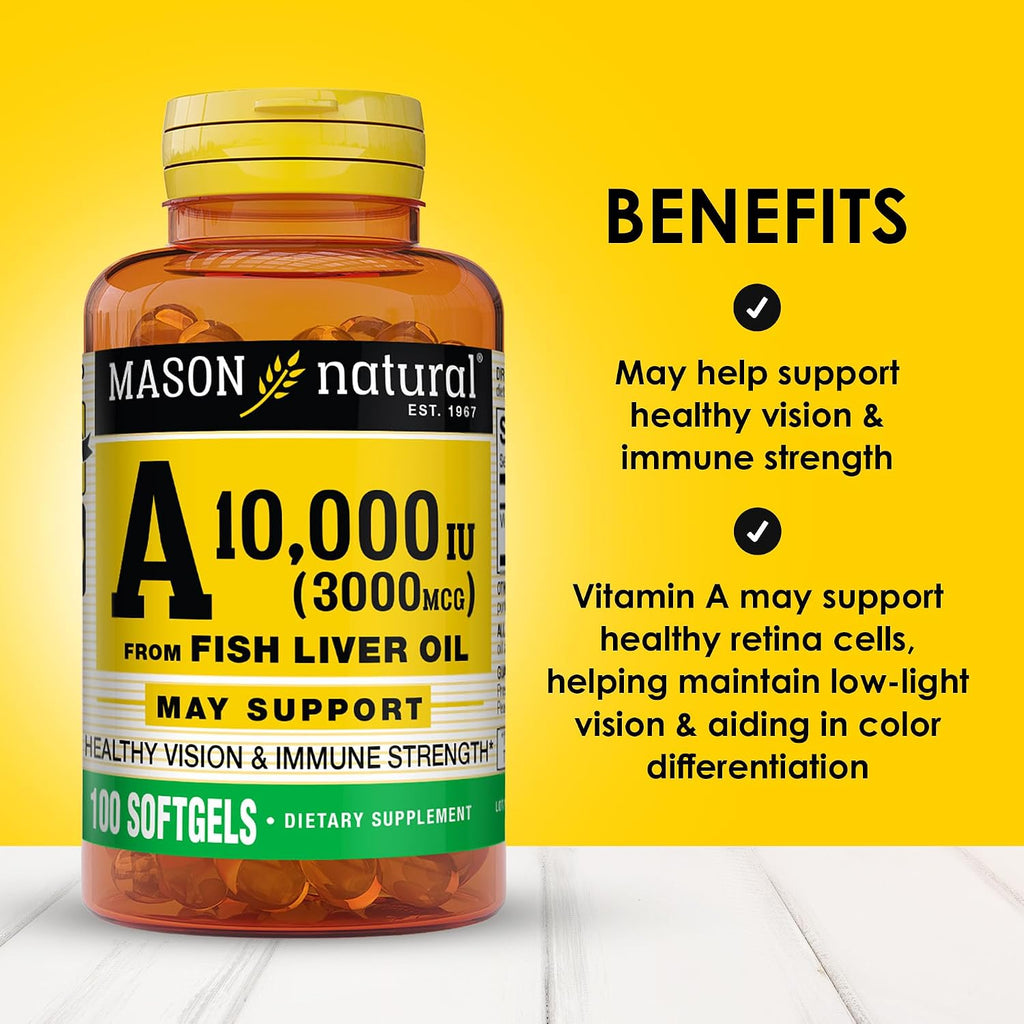 MASON NATURAL Vitamina A 3000 mcg (10.000 UI) de Aceite de Hígado de Pescado, 100 Cápsulas Blandas