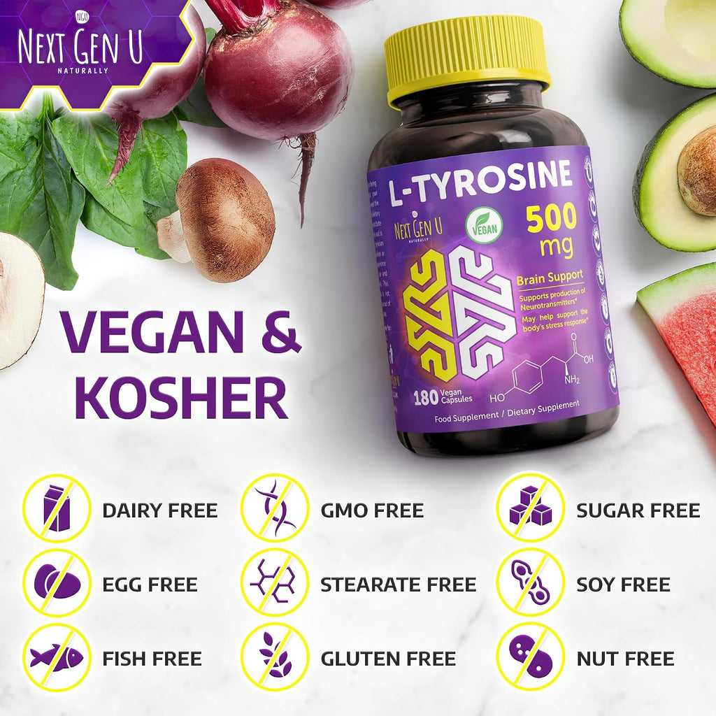 L-Tirosina 500 mg, 180 Cápsulas Veganas - NextGenU