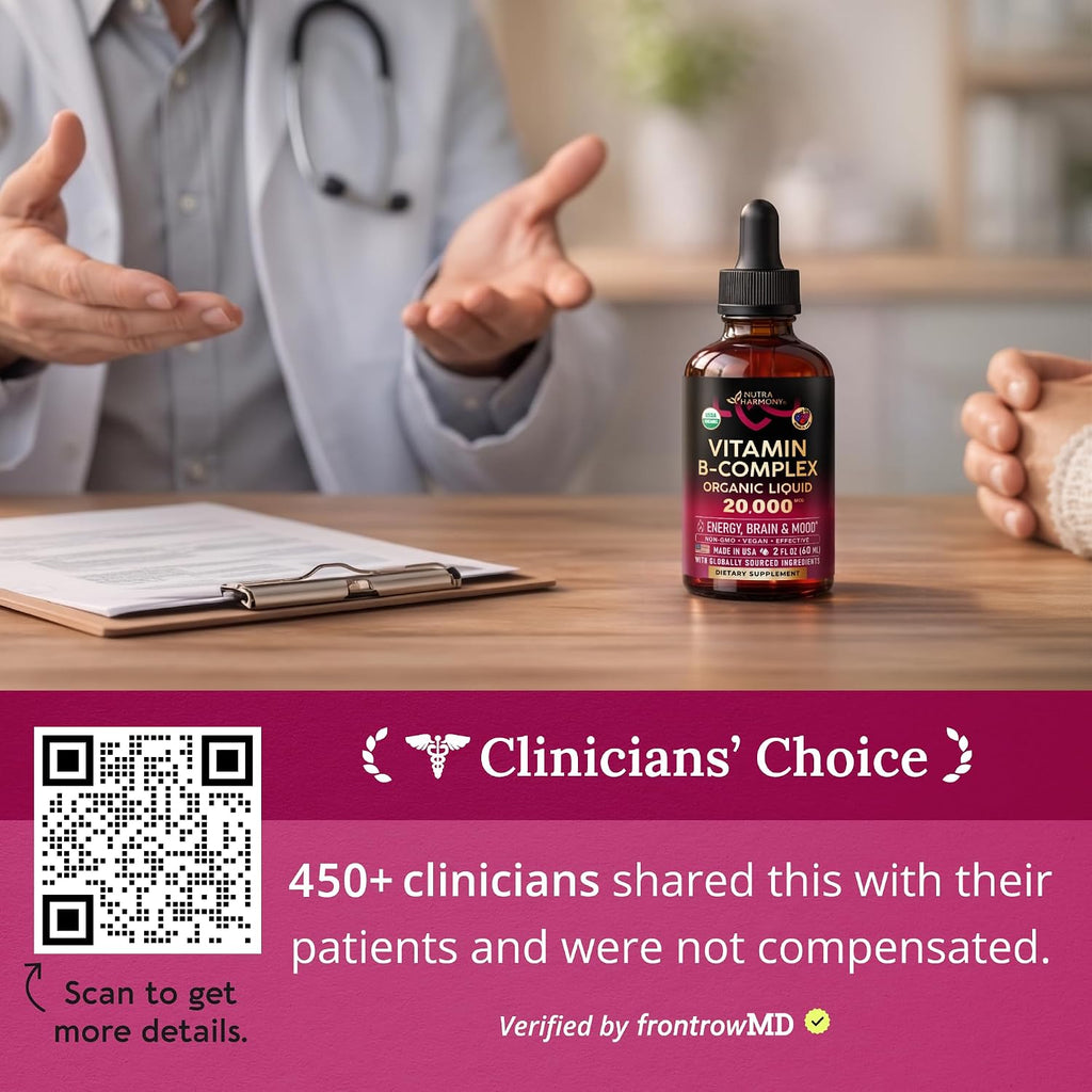 Complejo de Vitamina B Orgánico USDA - B5 Ácido Pantoténico, B12 Metilcobalamina, B1 Tiamina, B6 Piridoxina, B7 Biotina, B9 Fólico, B3 Niacinamida - Gotas Líquidas con Sabor a Baya Natural, 59 ml