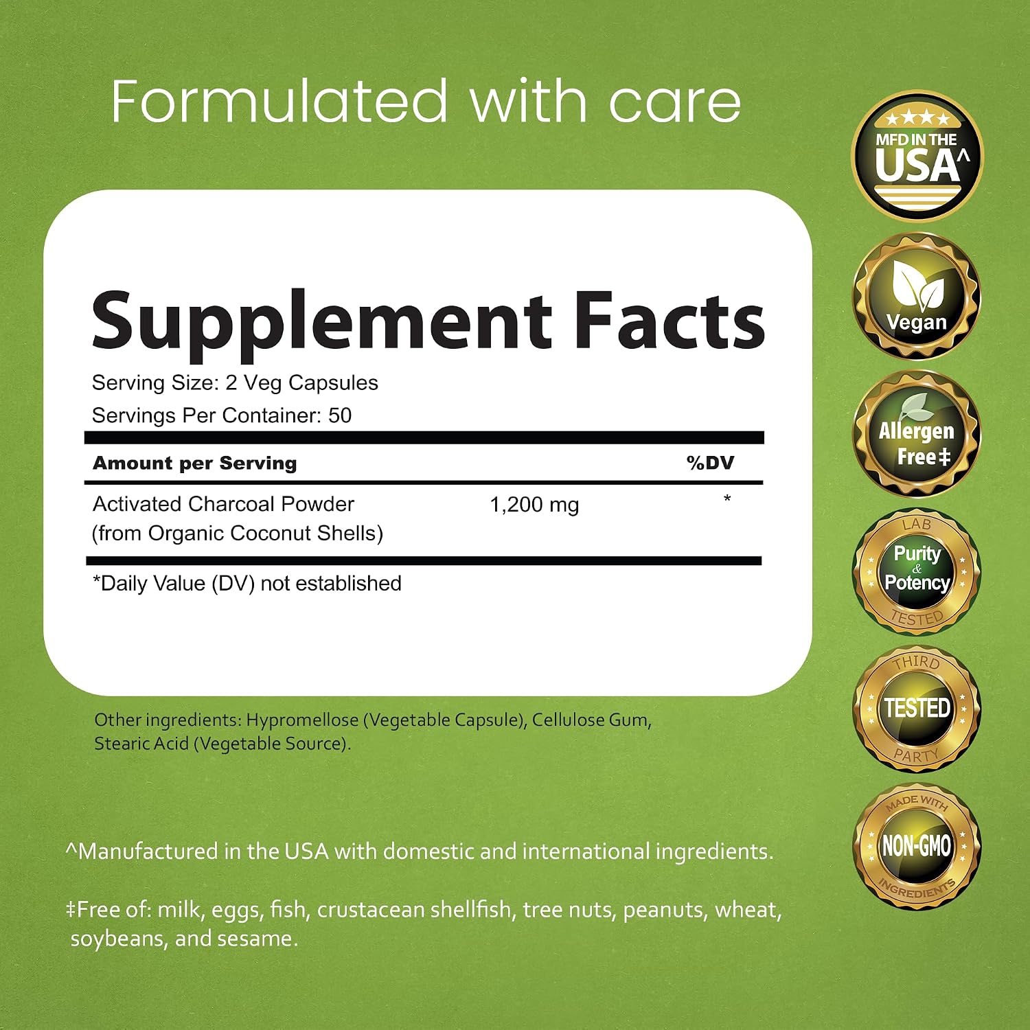 NaturaLife Labs Carbón Activado 1200 mg por dosis - 100 Cápsulas Veganas - No GM, Sin Gluten, Vegano