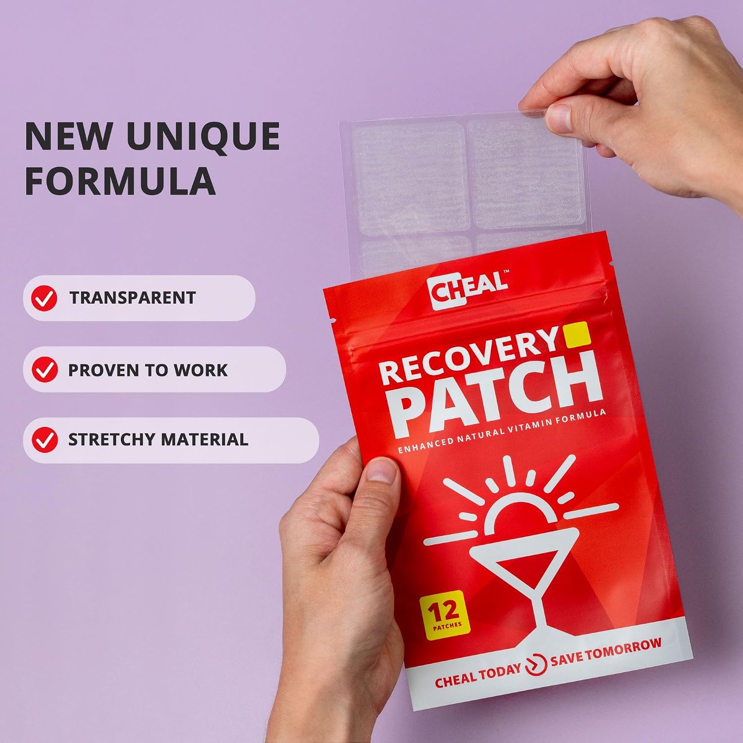 CHEAL Party Recovery Patches - 12 Parches - Recuperación Post-Fiesta - Complejo B - 100% Natural - Transparente e Impermeable