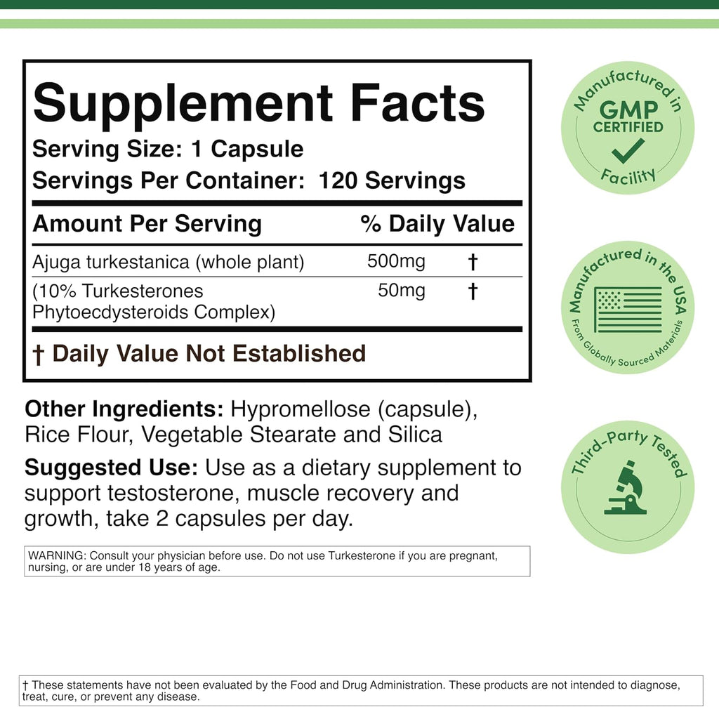 Turkesterone 500 mg, 120 cápsulas - Extracto de Ajuga Turkestanica estandarizado al 10%