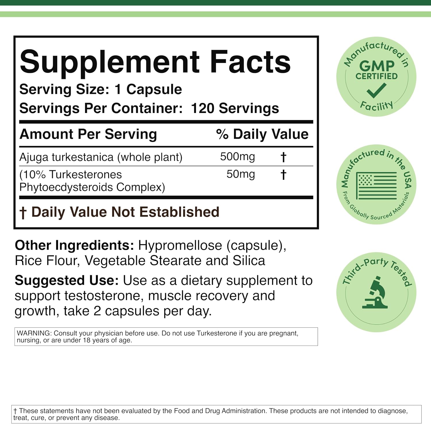 Turkesterone 500 mg, 120 cápsulas - Extracto de Ajuga Turkestanica estandarizado al 10%