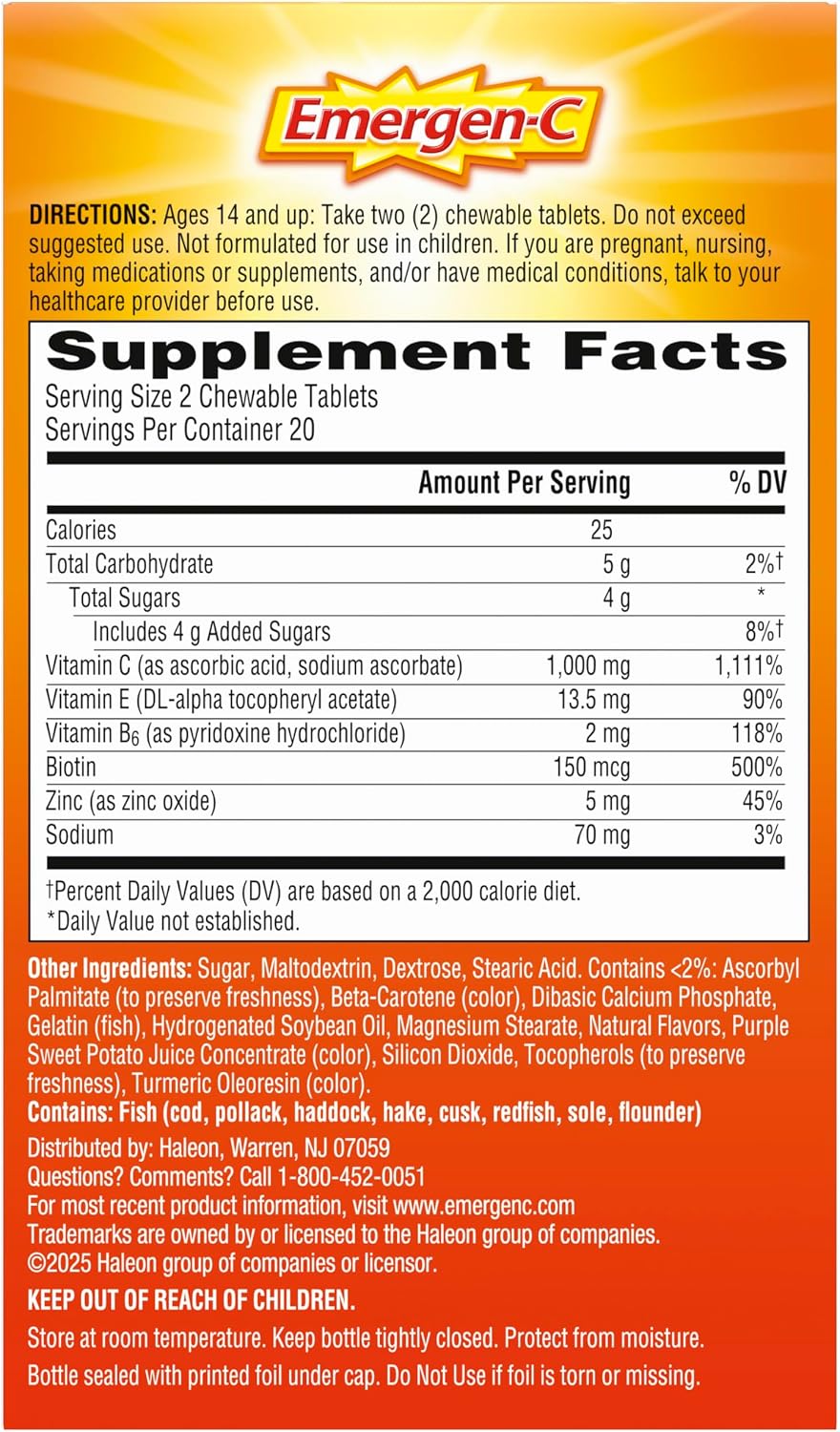 Emergen-C Chewables Vitamin C 1000 mg with B Vitamins and Antioxidants, Explosive Orange Flavor, 40 Count