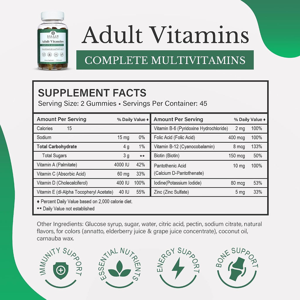Salaam Nutritionals Multivitamínico en Gominolas para Adultos, 11 Vitaminas y Minerales, 90 Gominolas (Pack de 3)