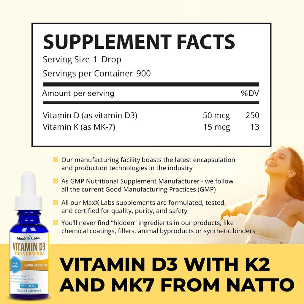 MaxX Labs Vitamina D3 K2 Líquida con K2 MK7 - 2000 UI por gota - 30 ml (1 oz)