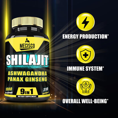 9in1 Shilajit Puro del Himalaya con Ashwagandha, Ginseng, L-Arginina y más - 210 Cápsulas