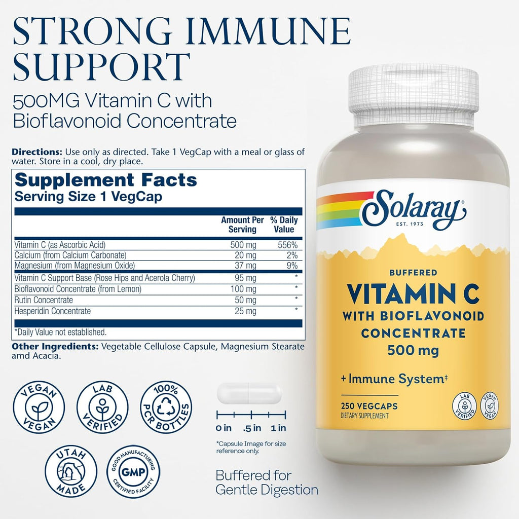 Solaray Buffered Vitamin C 500mg - with Bioflavonoids, Rose Hips and Acerola - 250 Vegan Capsules