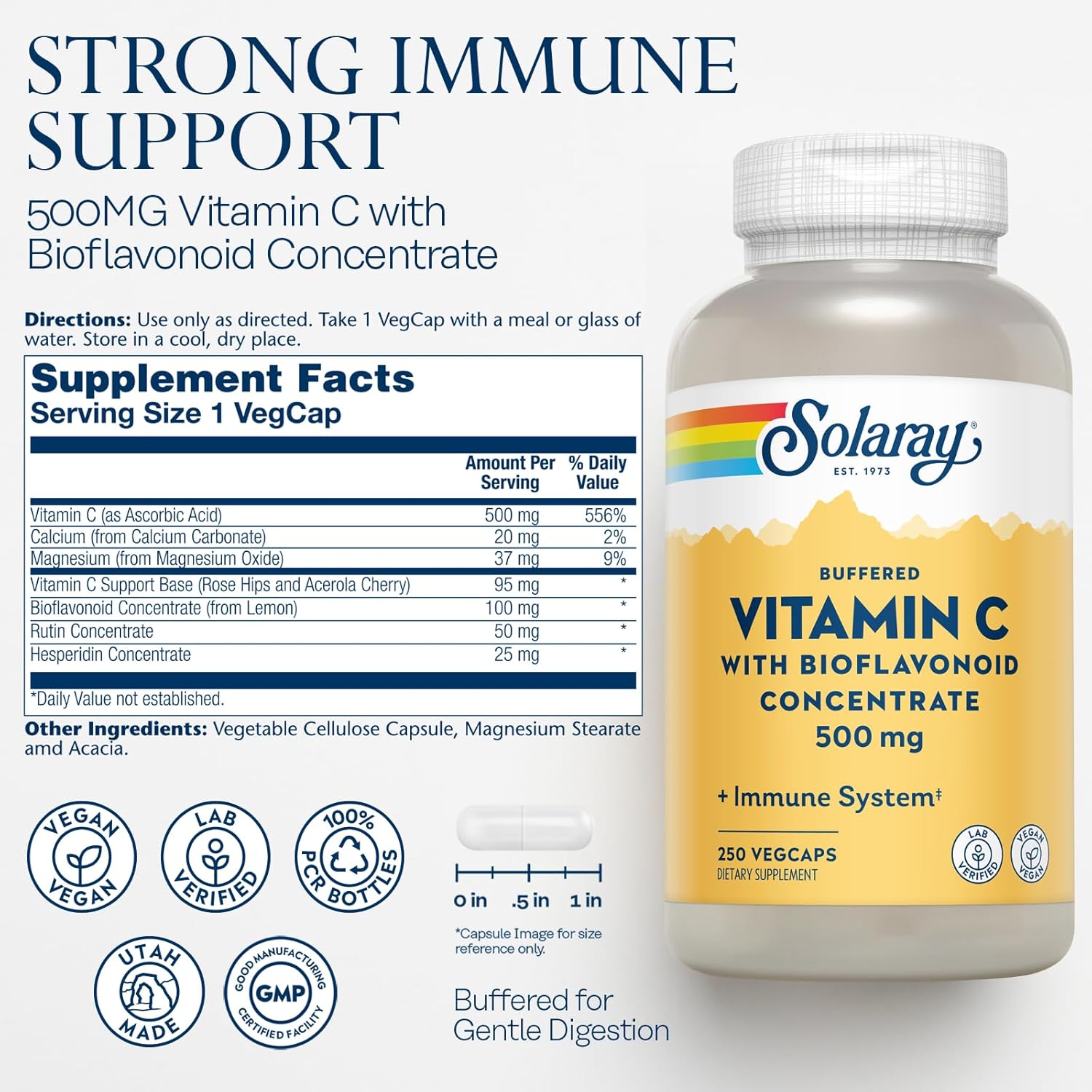 Solaray Buffered Vitamin C 500mg - with Bioflavonoids, Rose Hips and Acerola - 250 Vegan Capsules