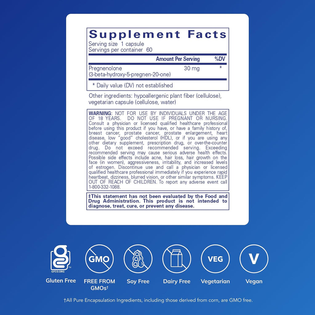 Pure Encapsulations Pregnenolona - 30 mg - 60 Cápsulas - Vegano