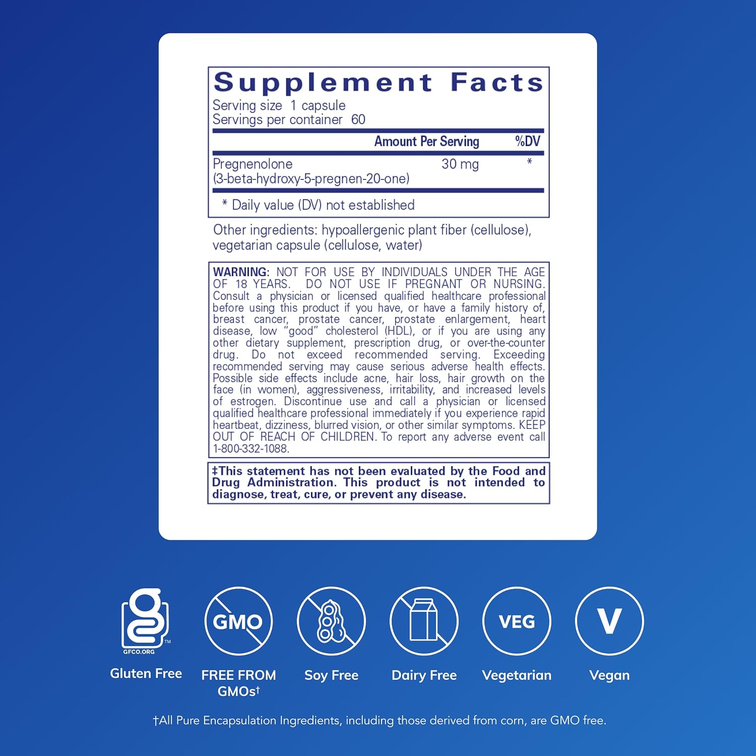 Pure Encapsulations Pregnenolona - 30 mg - 60 Cápsulas - Vegano