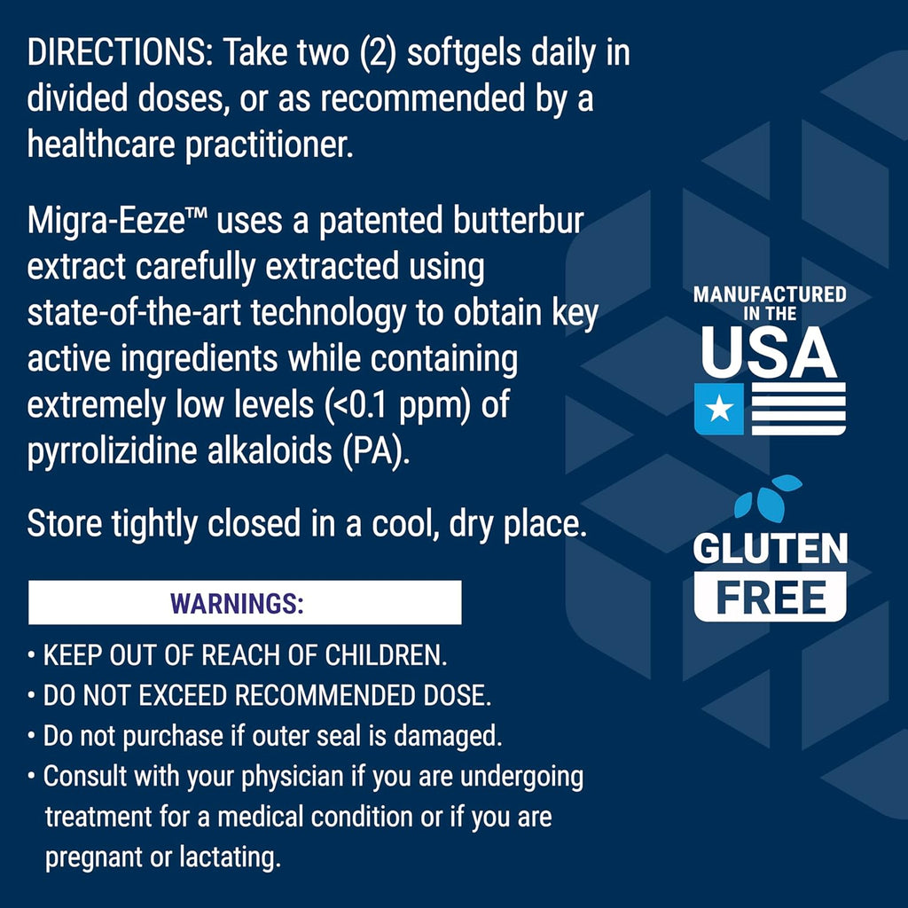 Life Extension Migra-Eeze - Suplemento con Extracto de Raíz de Petasita, Vitamina B2 y Jengibre - Fórmula para Aliviar el Malestar de Cabeza - Sin Gluten - 60 Cápsulas Blandas