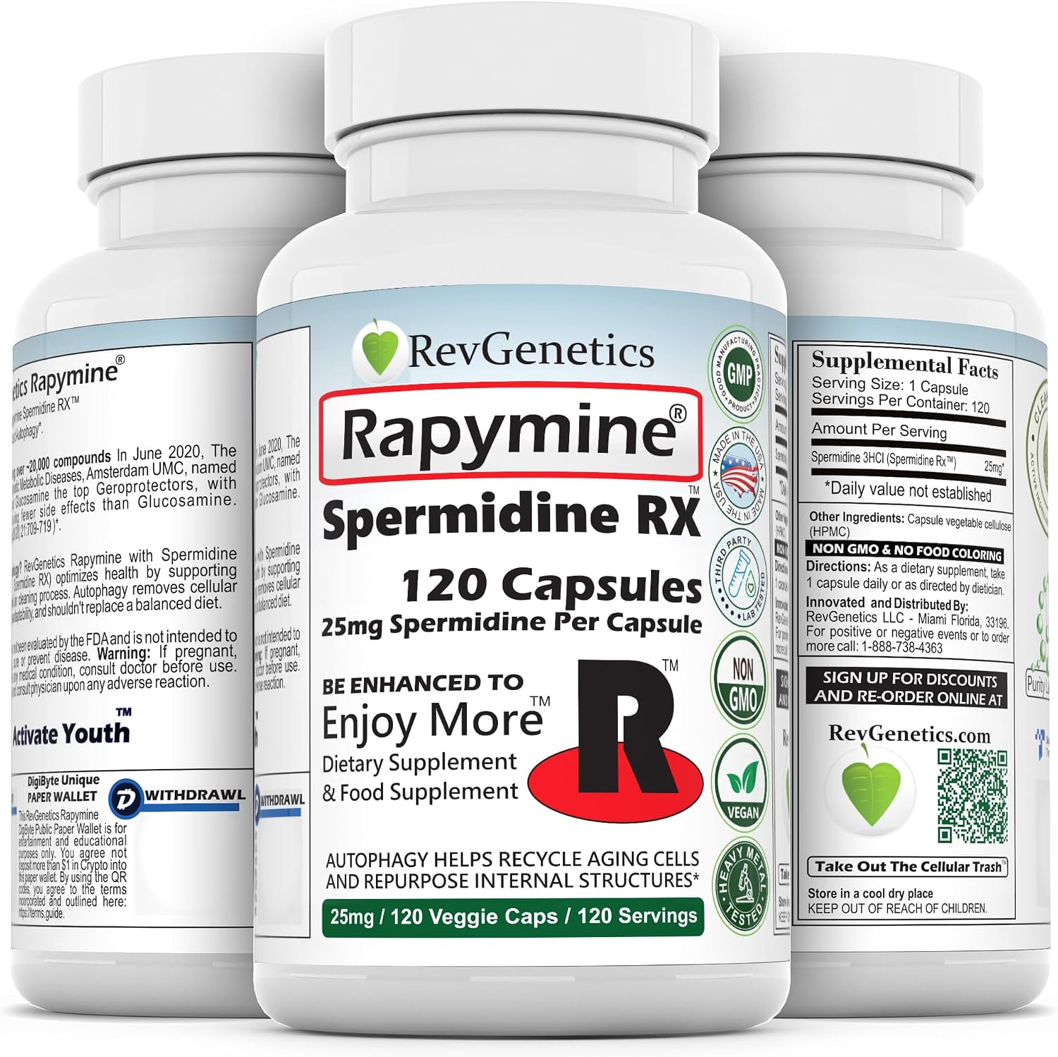 REVGENETICS Spermidine Rapymine - 25mg Espermidina 3HCl (13,8mg Elemental) - 120 Cápsulas - Sin Trigo - Apoyo a la Autofagia