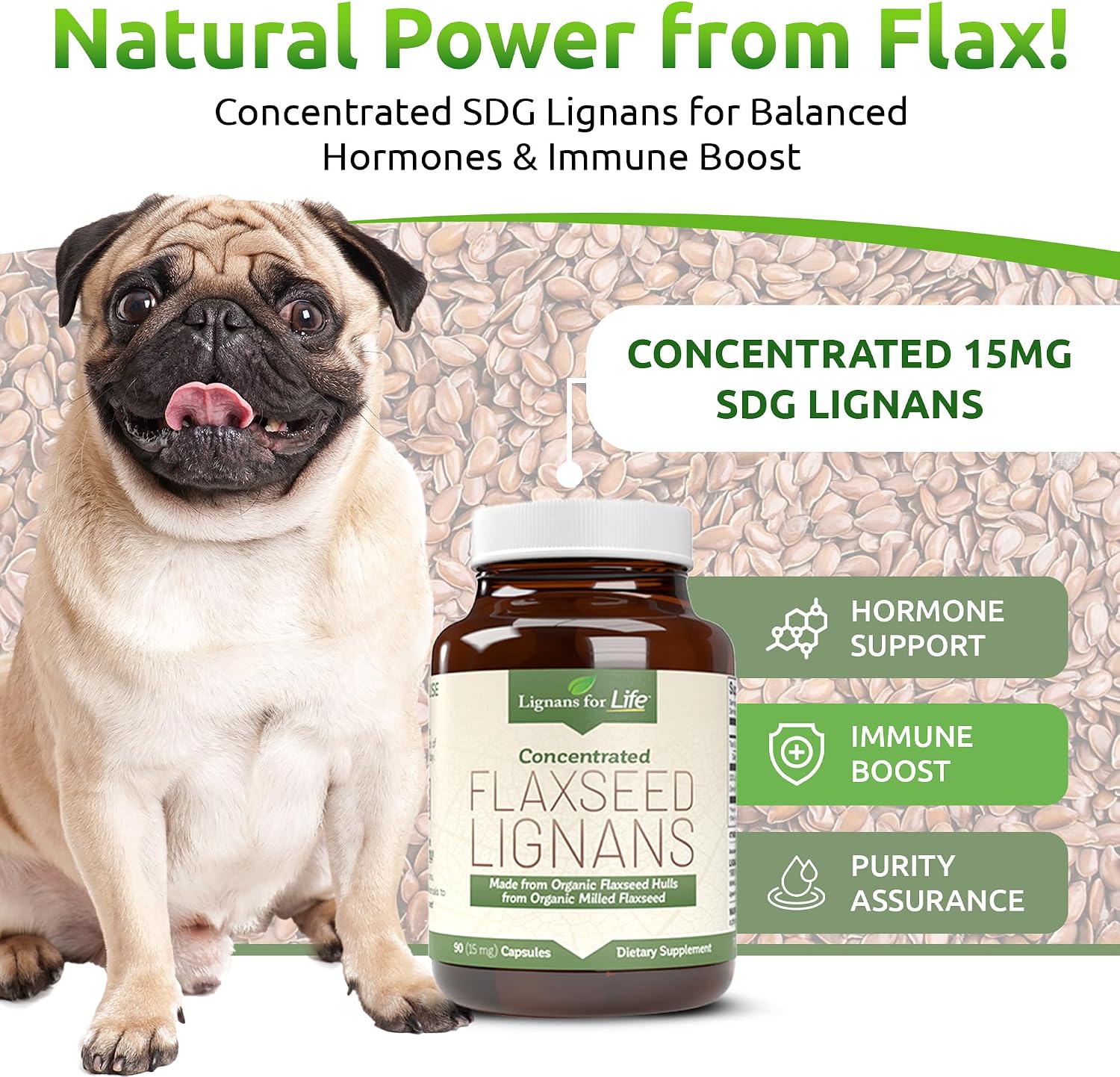 Lignans For Life Lignanos de Linaza - Suplemento Orgánico de Lignanos de Linaza para Perros y Personas, 15mg, 90 Cápsulas