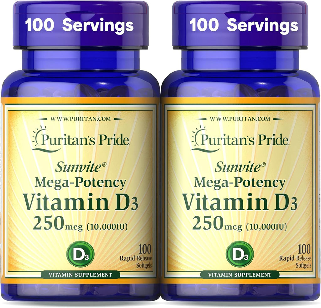 Puritan's Pride Premium Sunvite™ Mega-Potency Vitamin D3 10,000 IU, 100 Rapid Release Softgels (2-Pack)