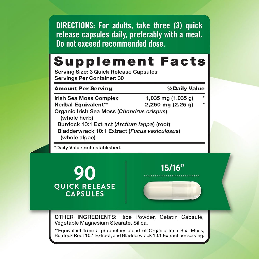 Nature's Truth Irish Sea Moss Cápsulas 90 Ud. - Complejo con Bladderwrack y Burdock Root - Sin Gluten y No GMO