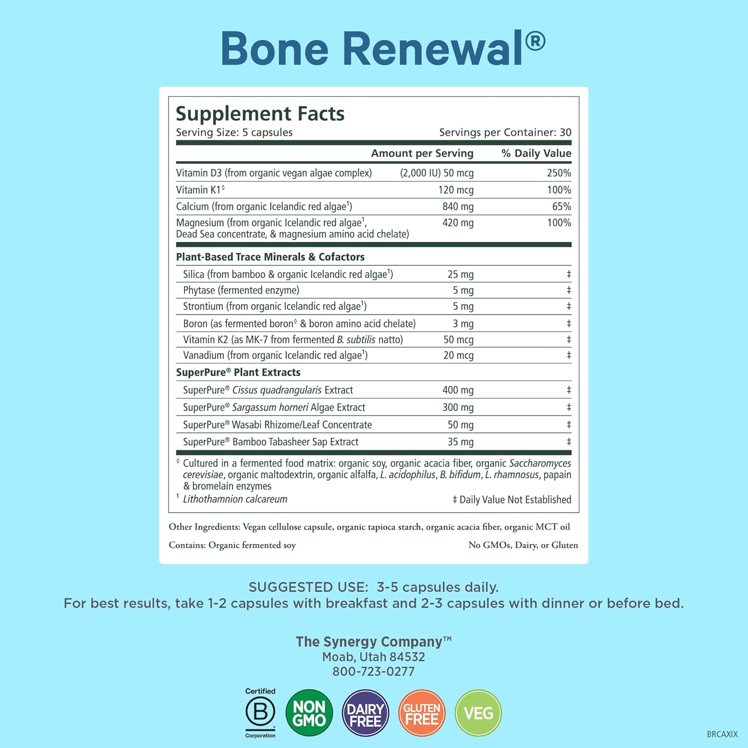 PURE SYNERGY Bone Renewal - Calcio biodisponible con cofactores - Suplemento vegano para la salud ósea - 150 cápsulas
