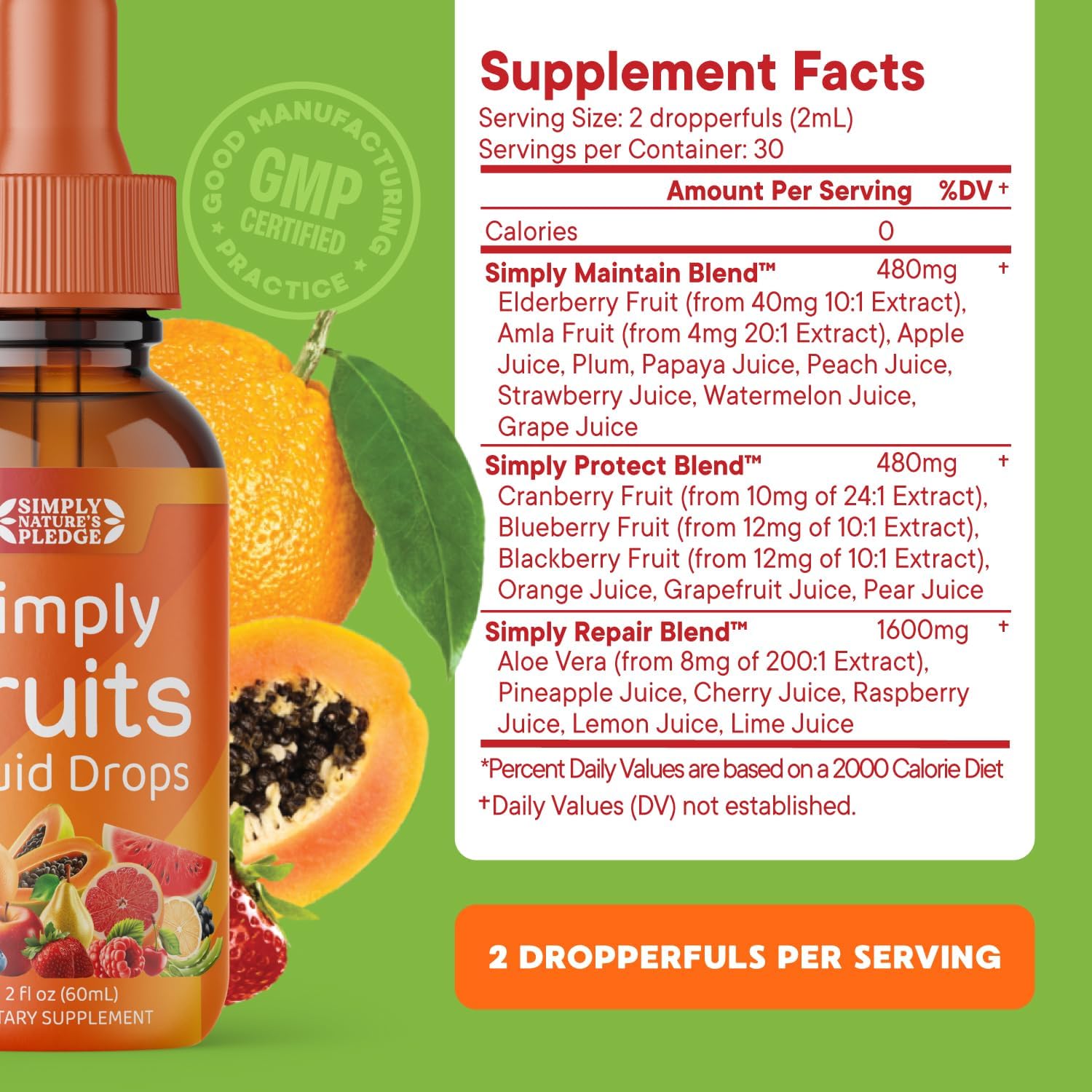 Simply Nature's Pledge - Suplemento de Frutas y Verduras - Gotas Líquidas - Superalimentos Integrales - Sin Soja - Hecho en EE. UU.