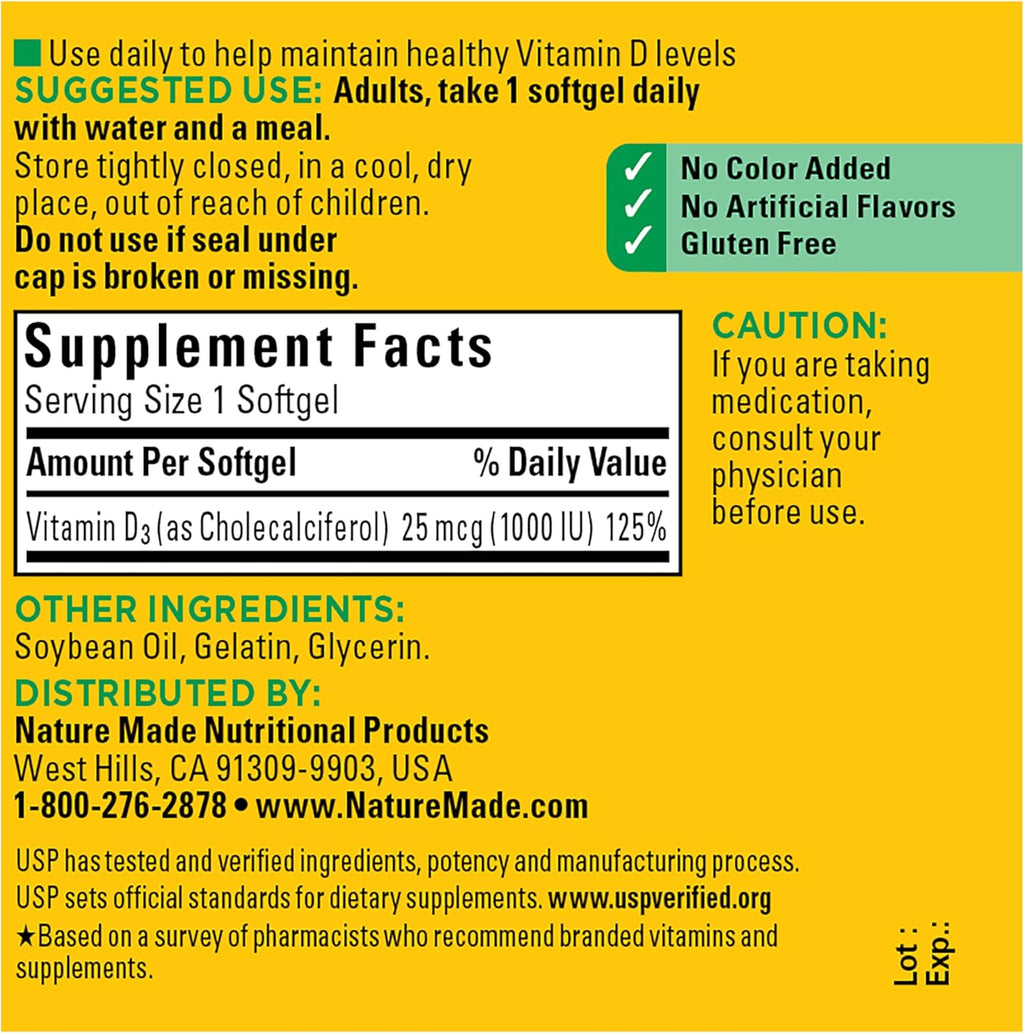 Nature Made Vitamin D3 1000 IU (25 mcg) - Supplement for Bone, Teeth, Muscle & Immune System Support - 100 Softgels