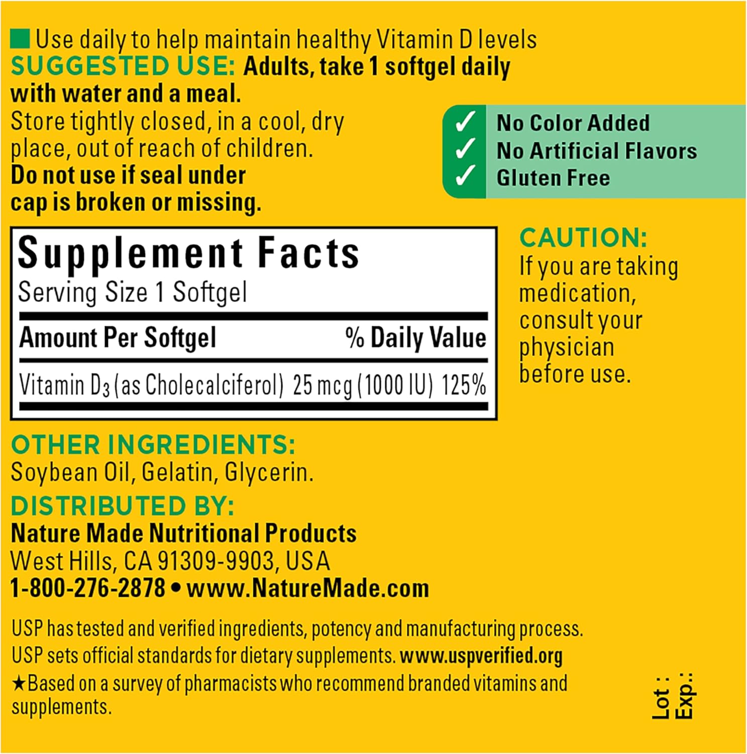 Nature Made Vitamin D3 1000 IU (25 mcg) - Supplement for Bone, Teeth, Muscle & Immune System Support - 100 Softgels