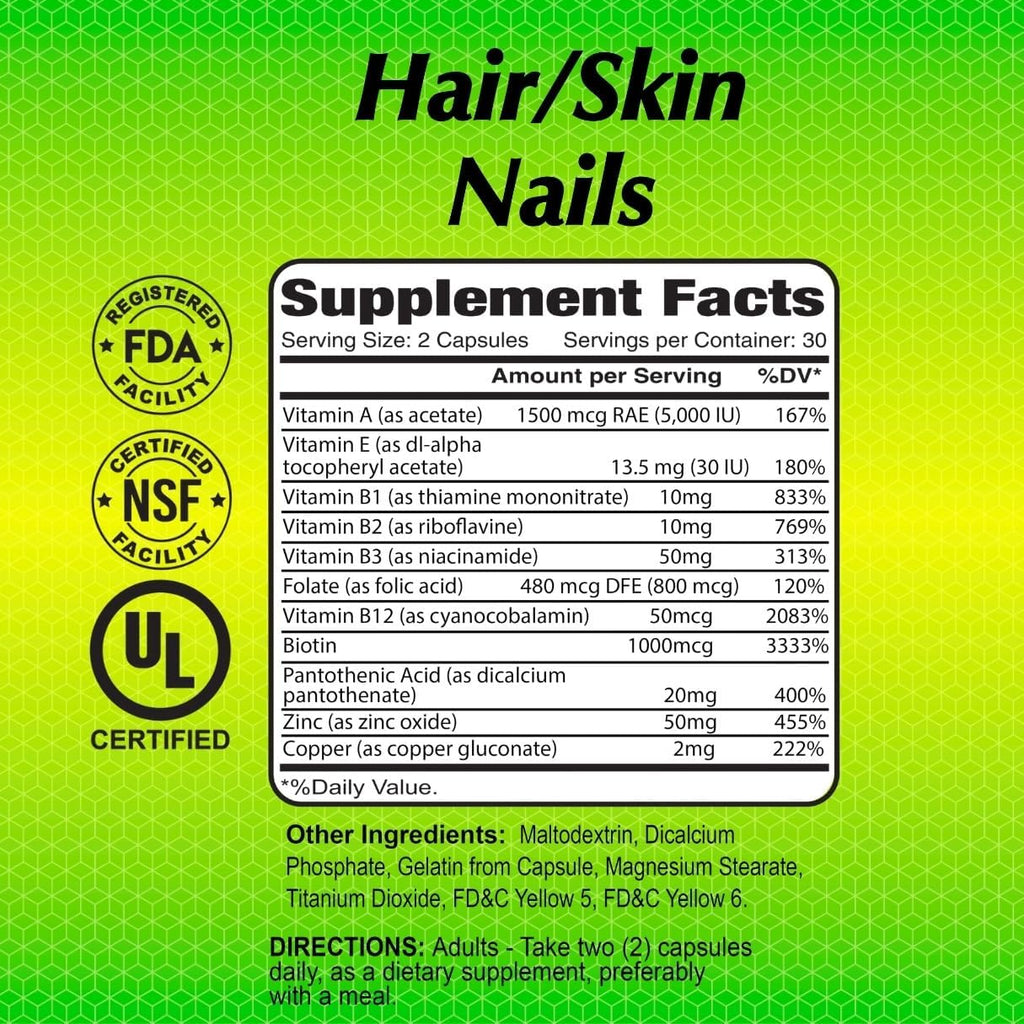 ALFA VITAMINS - Hair/Skin Nails Suplemento Natural - Vitaminas y Minerales Esenciales para la Salud de la Piel, Cabello y Uñas - 60 Cápsulas