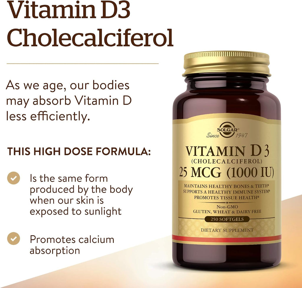 Solgar Vitamina D3 (Colecalciferol) 1000 UI, 250 Cápsulas Blandas