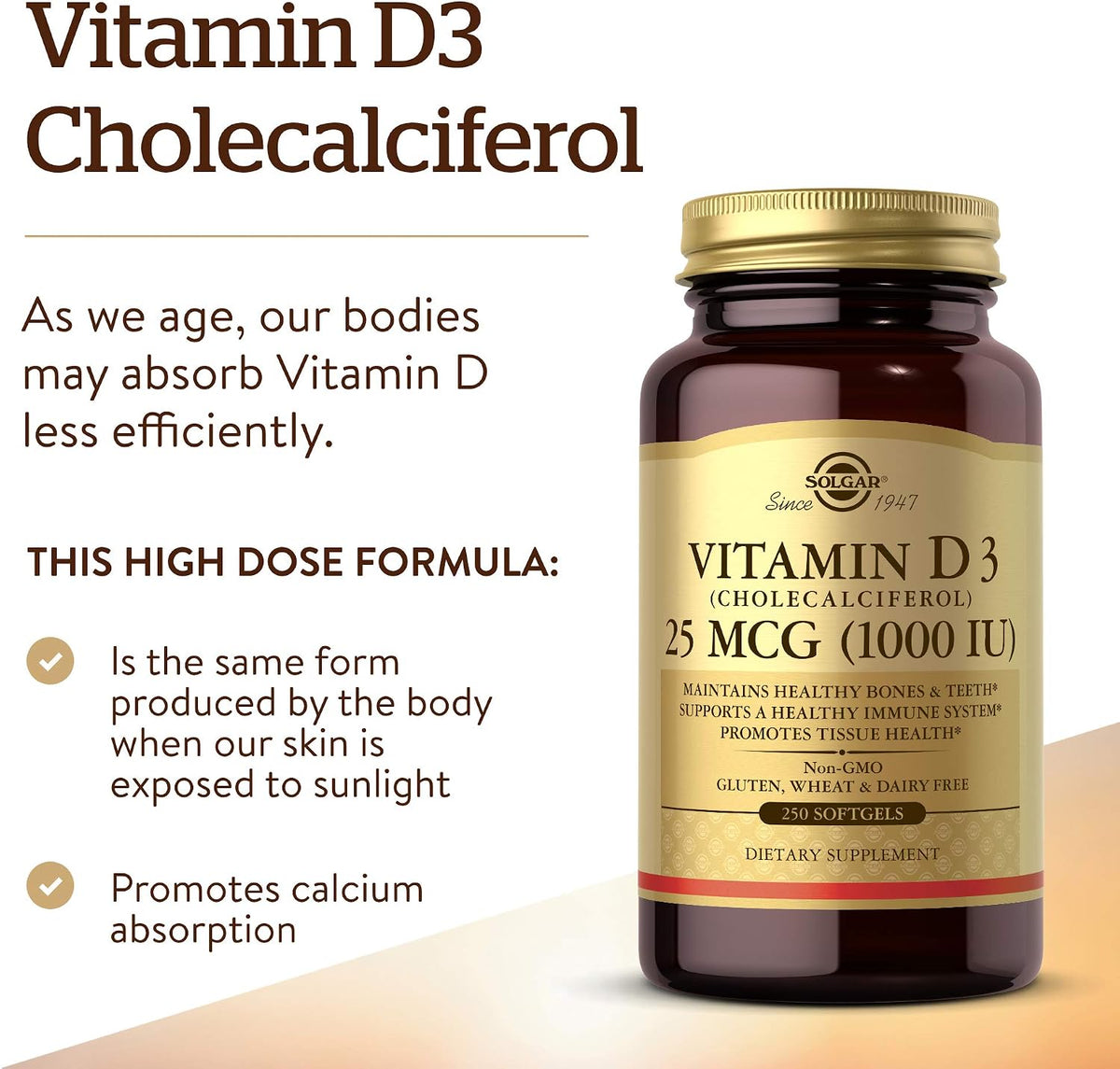 Solgar Vitamina D3 (Colecalciferol) 1000 UI, – La vitamina D contribuye al mantenimiento de los huesos en – Image 3