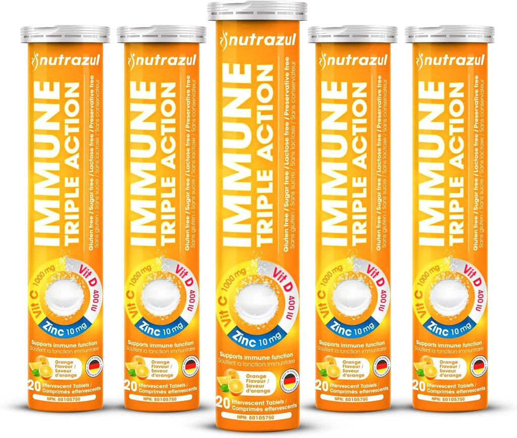 nutrazul Immune Triple Action Comprimidos Efervescentes con Vitamina C 1000mg, Vitamina D, Zinc, Sin Gluten, Sin Azúcar, Sin Lactosa, Sabor Naranja, 20 Comprimidos (Pack de 3)