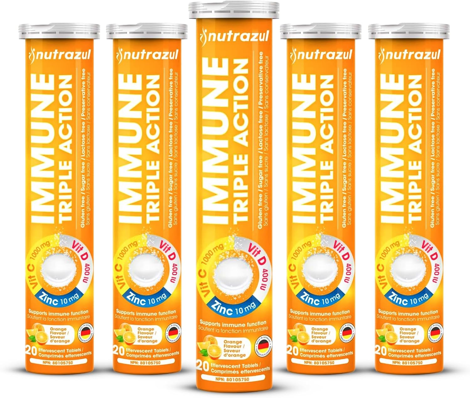 nutrazul Immune Triple Action Comprimidos Efervescentes con Vitamina C 1000mg, Vitamina D, Zinc, Sin Gluten, Sin Azúcar, Sin Lactosa, Sabor Naranja, 20 Comprimidos (Pack de 3)