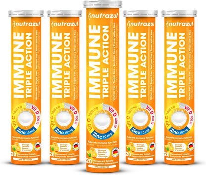 Nutrazul Immune Triple Action - Comprimidos Efervescentes con Vitamina C 1000mg, Vitamina D y Zinc - Pack de 5 x 20 Unidades – Image 1