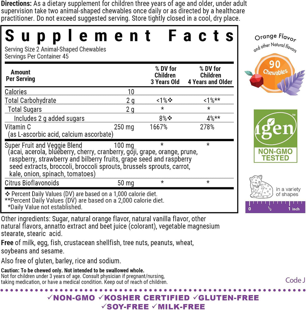 Bluebonnet Rainforest Animalz Vitamina C 250 mg - 90 Comprimidos Masticables para Niños
