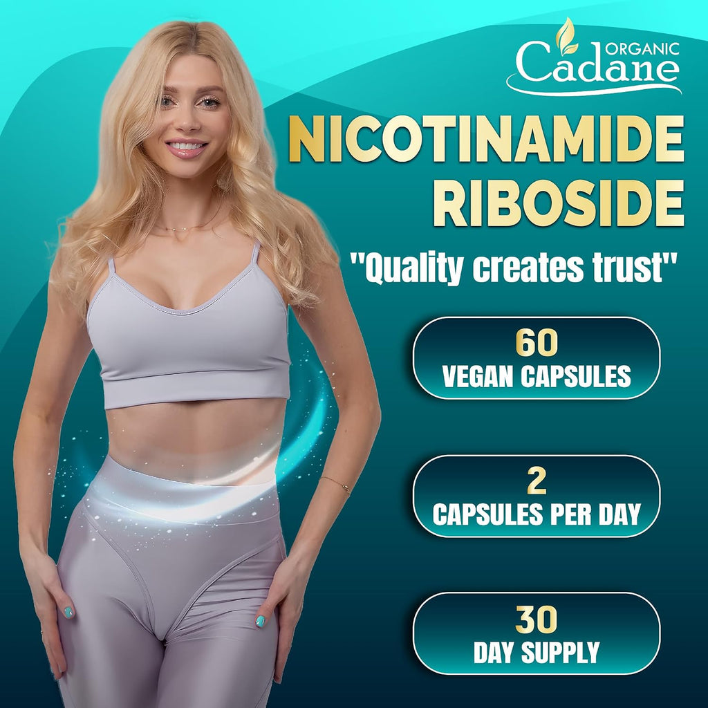 Organic Cadane Suplemento de Nicotinamida Ribósido con Rhodiola Rosea, Ashwagandha, Té Verde y Más | Salud Celular y Vitalidad | Vegano, No OGM – 60 Cápsulas