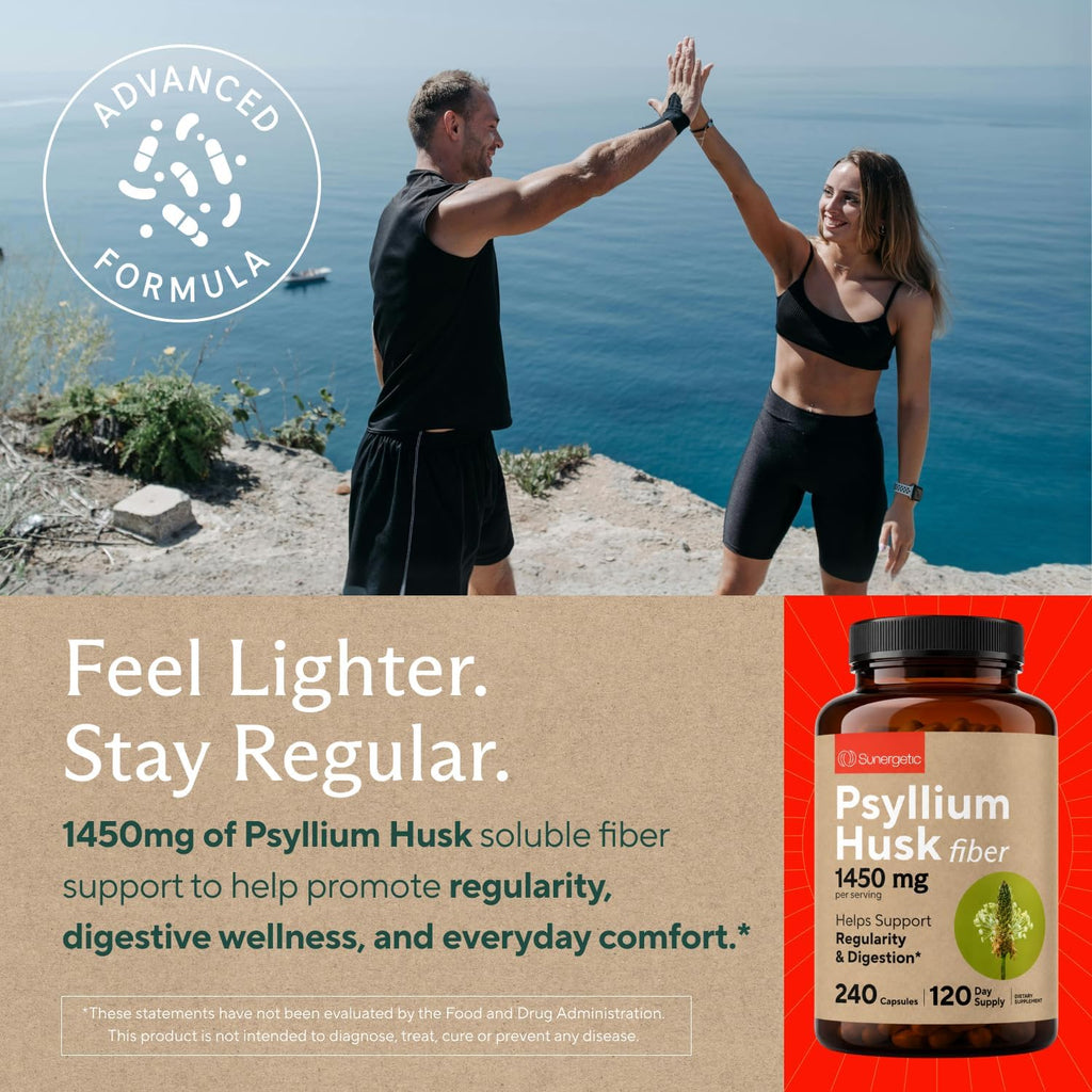 Sunergetic Psyllium Husk 1450mg – 240 Cápsulas de Fibra Soluble